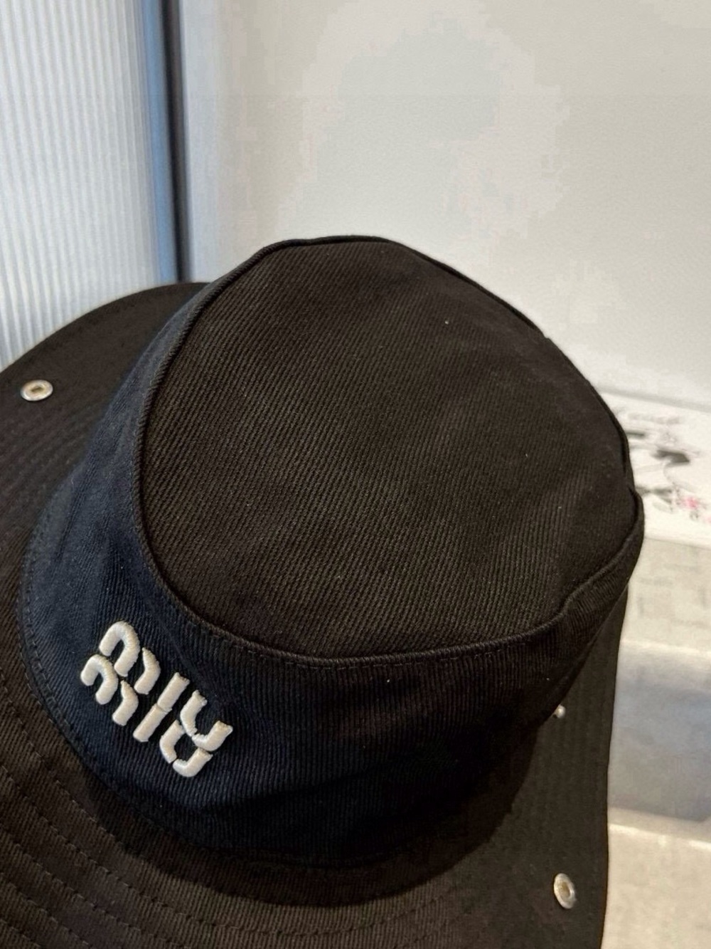 Miu Miu Black Canvas Bucket Hat with White Embroidered Logo - Picture 5 of 6